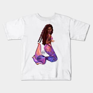 mermaid with flowing red locs #2,   Afro hair and caramel brown skin. Black mermaid Kids T-Shirt